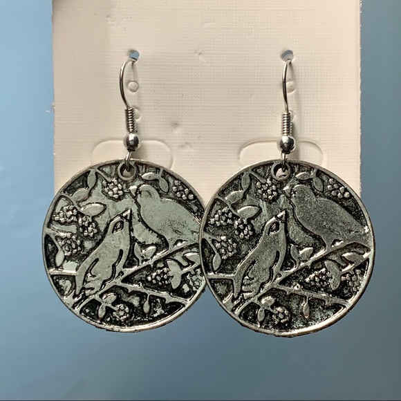 Antiqued Silver Birds Tree Branch Coin Earrings - Picture 5 of 8